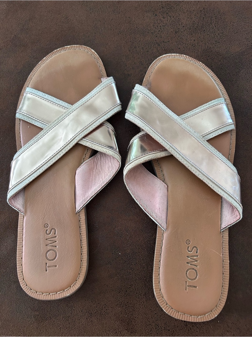 Toms Women's Iridescent Cream Cross-Strap Slide Sandals